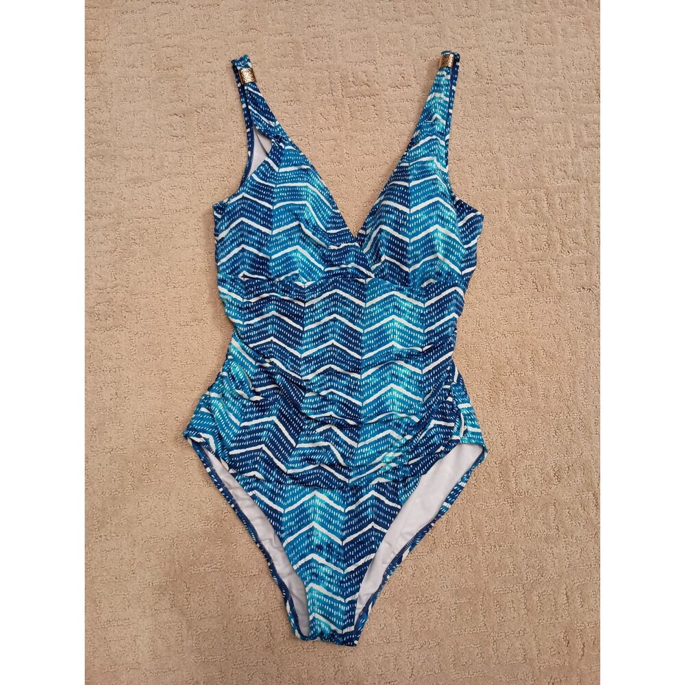 Lauren Ralph Lauren Swimsuit Womens Size 14 Blue White Ruched w/Built-In Bra
